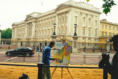 Stephen B. Whatley painting Buckingham Palace for The Royal Collection. June 1999.