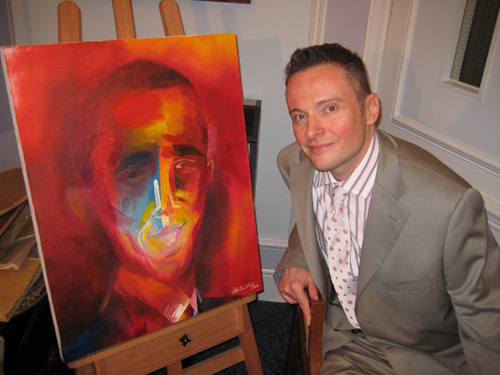 Artist Stephen B. Whatley with his portrait of Barack Obama (published in TIME) 2008