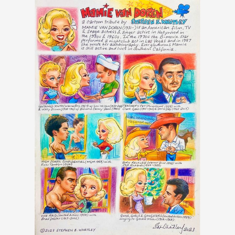 Cartoon Tribute to Mamie Van Doren's Movies 2023 (Ink & coloured pencil) by Stephen B Whatley - published in You Thought I Was Dead by Mamie Van Doren. 2026